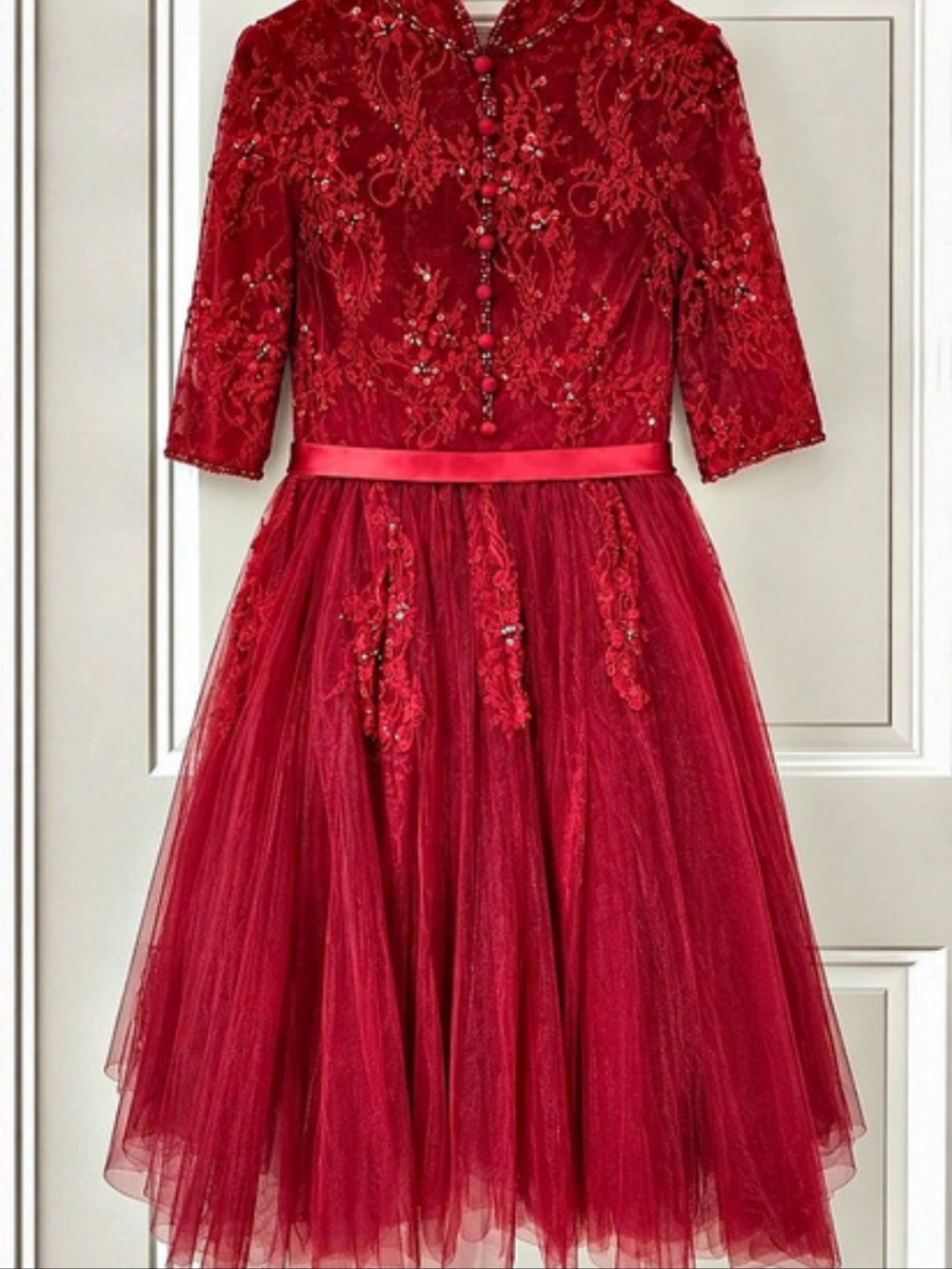 Red Lace Bodice Midi Dress Like New